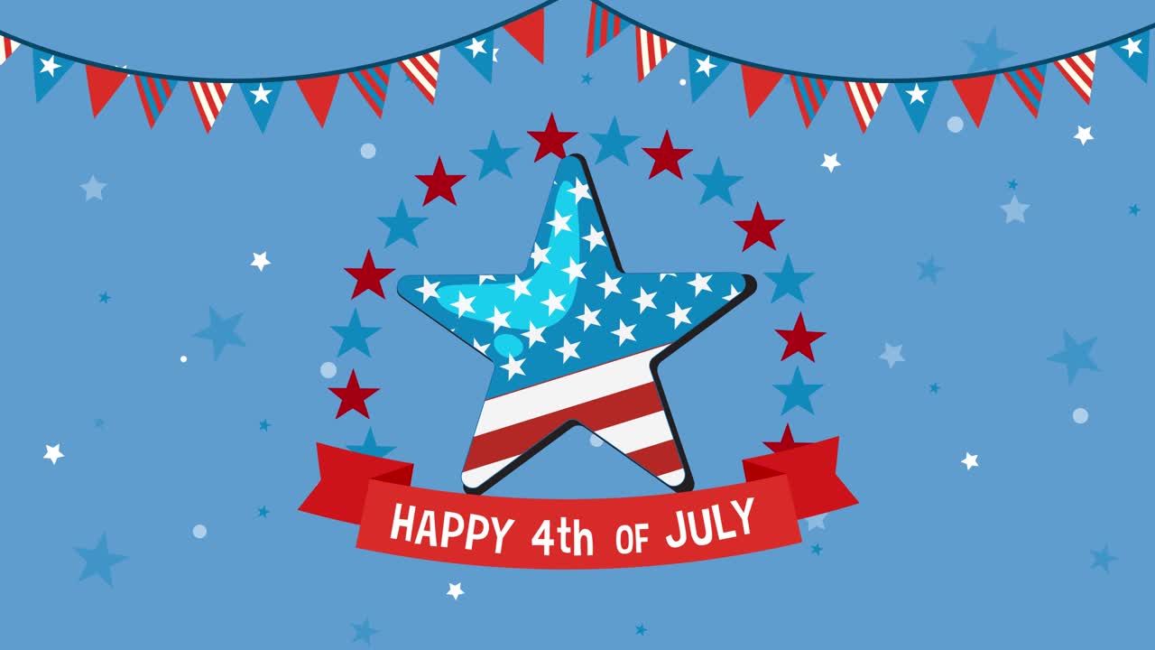 Animated star with American flag colors and festive bunting celebrates Independence Day on a blue background