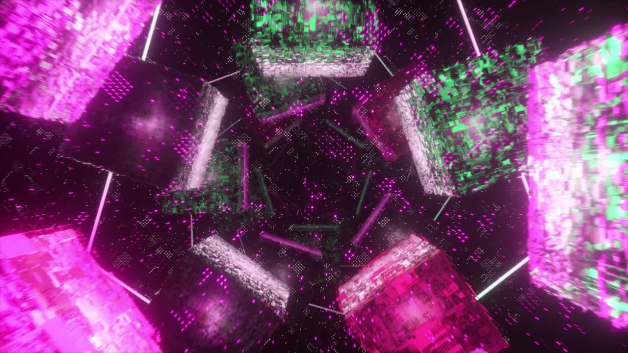 túnel de cubos hipnóticos de neón brillantes