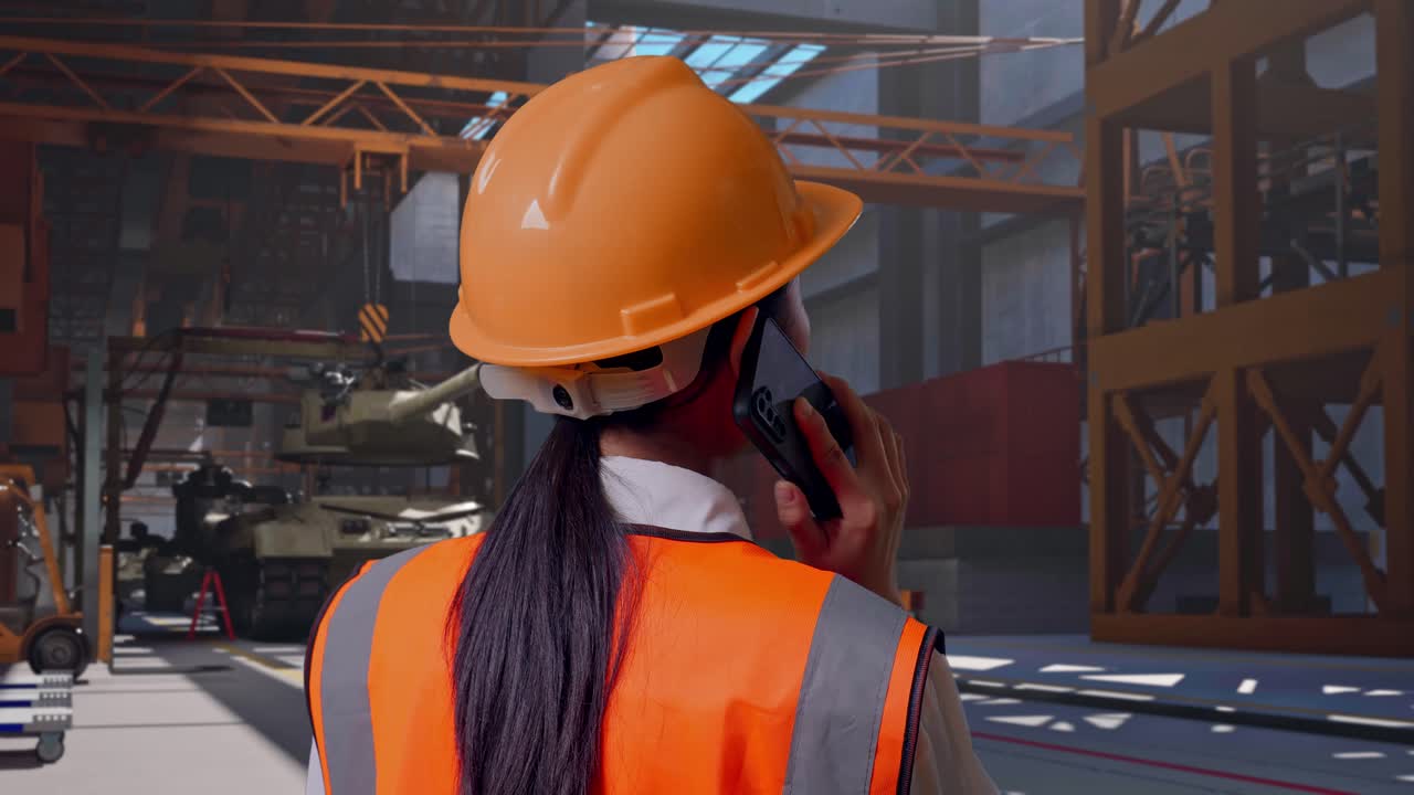 Primo piano da dietro di una ingegnera asiatica con casco di sicurezza che parla al telefono mentre è in piedi, carro armato militare in costruzione in uno stabilimento industriale