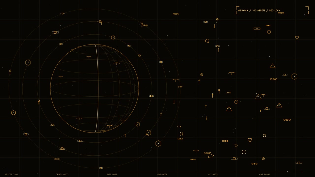 This futuristic HUD interface features a central wireframe globe surrounded by orbital paths and tactical icons. The display shows real time telemetry including satellite counts, altitude, and mission