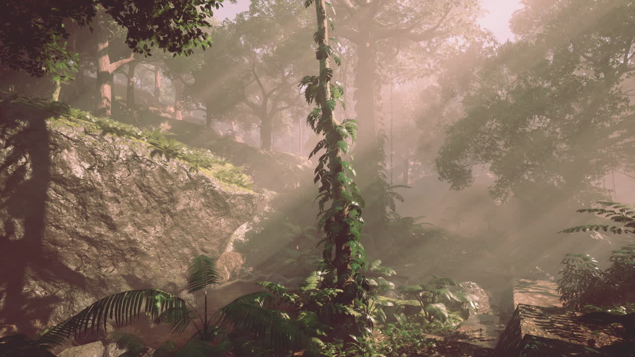 울창 한 열대 우림 을 가로질러 평화 로운 산책