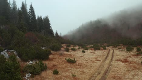 Lebendige-Wolken-über-Bewaldeten-Bergen-Während-Des-Dunstigen-Morgens-In-Mokra-Gora-In-Serbien