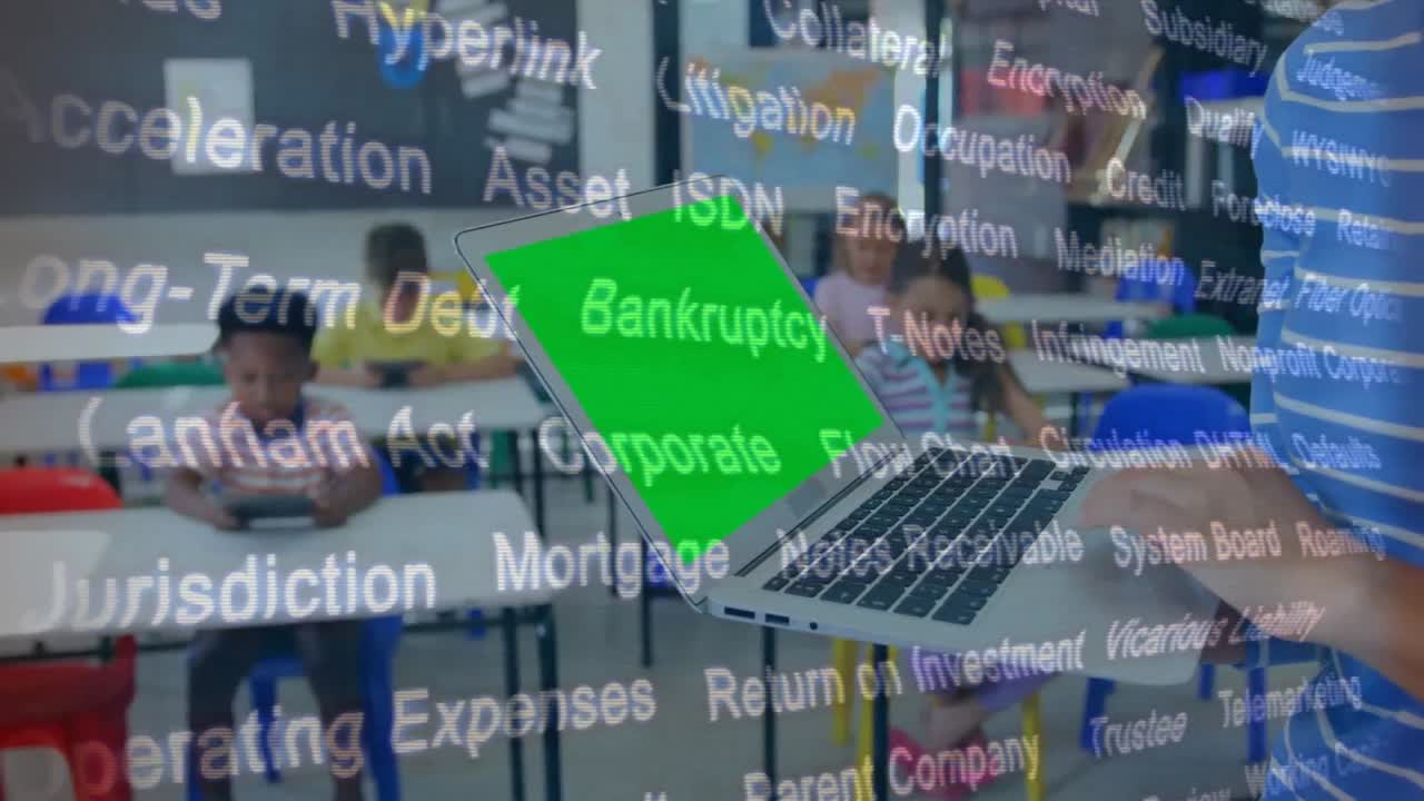 Animation of binary coding over teacher using laptop