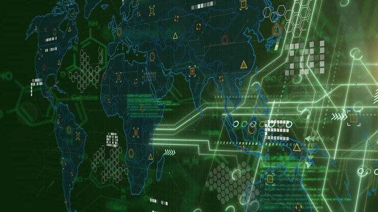 Animation of world map and data processing on green background