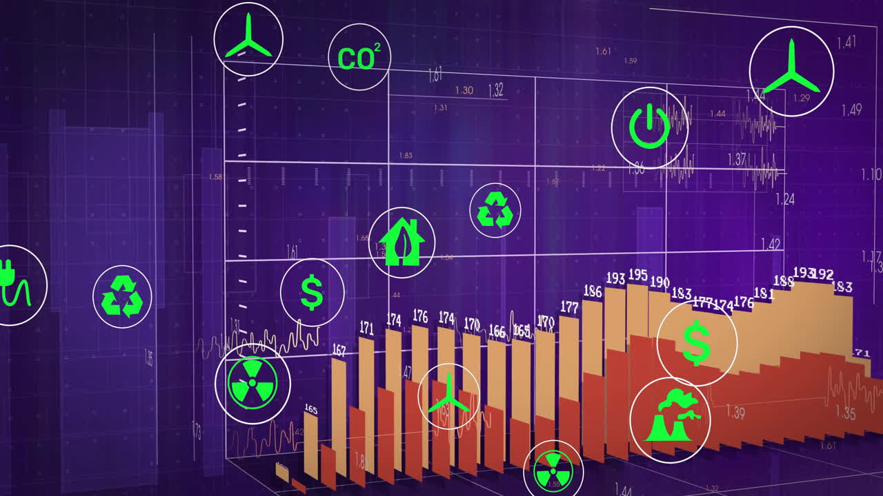 animación de la red de iconos ecológicos y procesamiento de datos