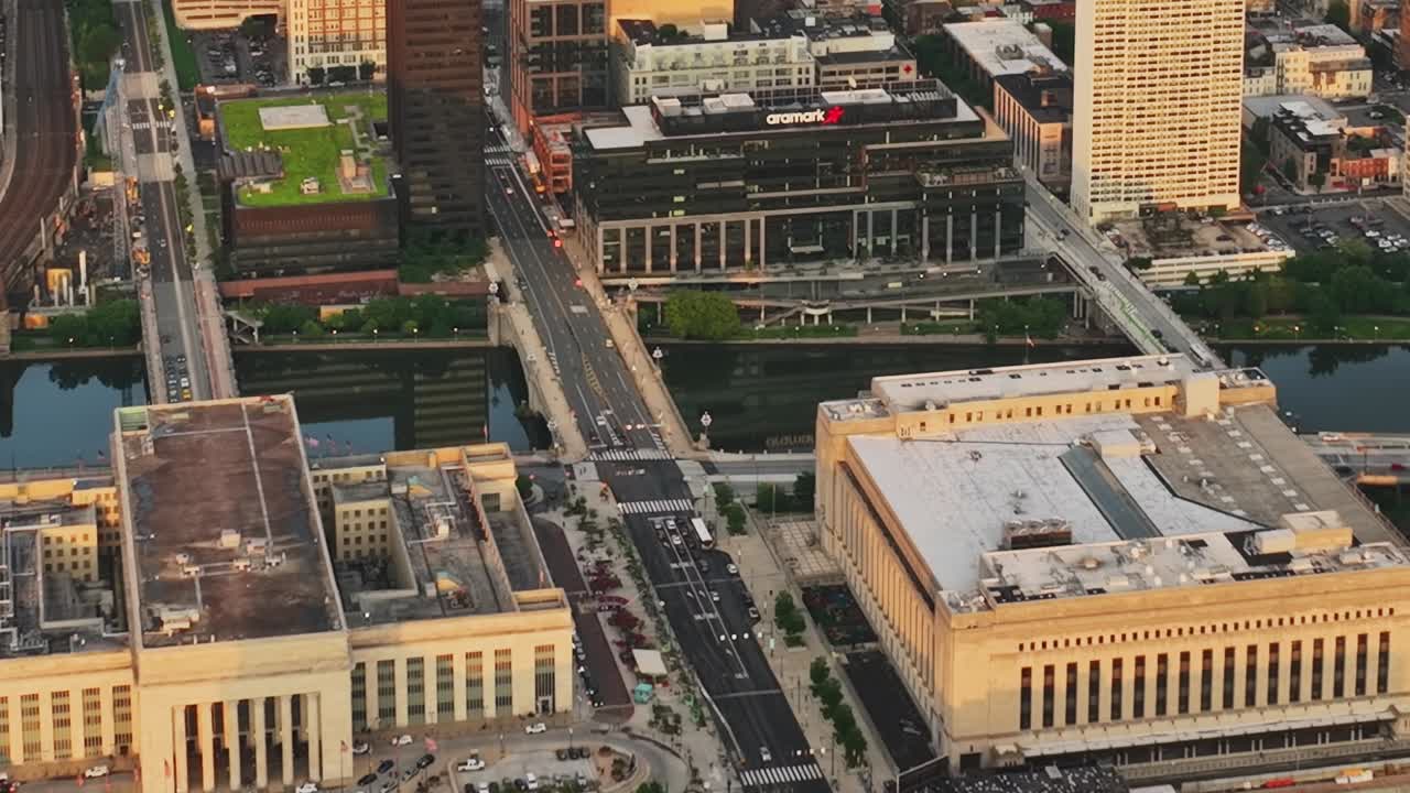 Aerial view of Philadelphia's urban landscape and architecture