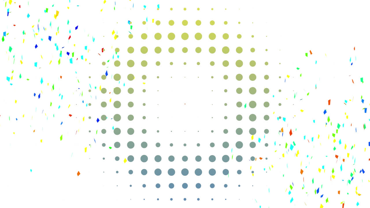 Animation of falling colorful confetti shapes and circle over white background