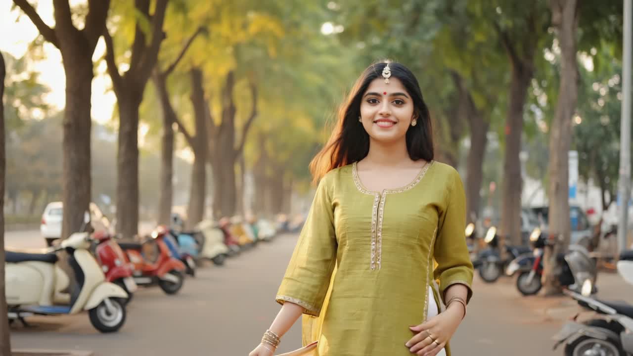 Young indian woman wearing traditional green kurta and white pants, walking in a street with parked scooters and trees in the background on a sunny day