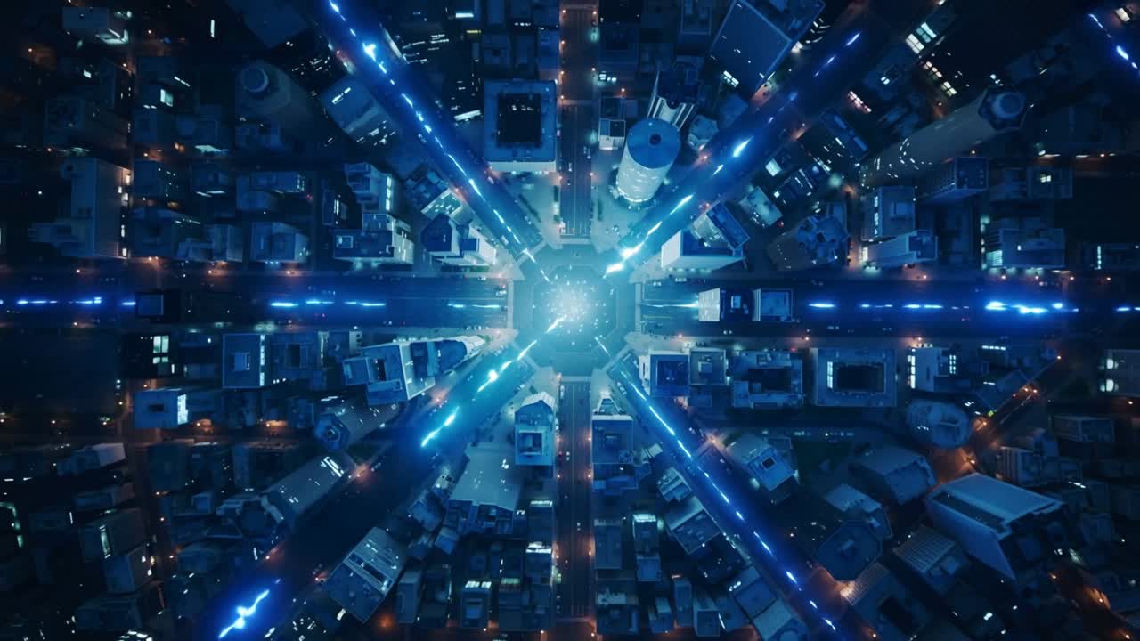 Pulsing octagon plaza growing, sending radial blue beams across downtown at night with streaks