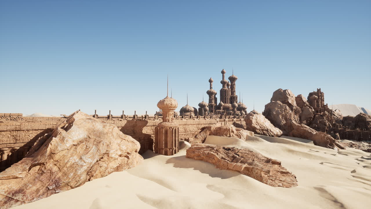 사막의 풍경 속에 지어진 웅장하고 고대적인 성입니다.