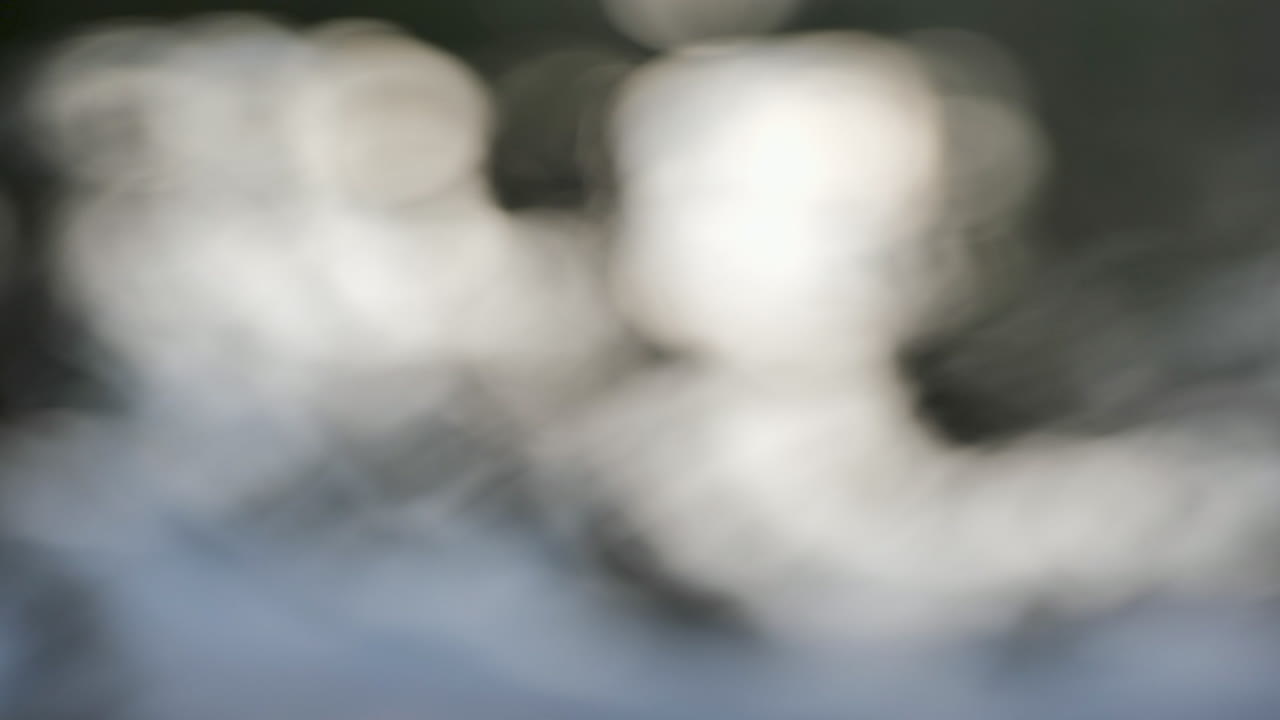Blurred water reflections with soft focus and light bokeh in slow motion, creating an abstract and dreamy visual of rippling light patterns.