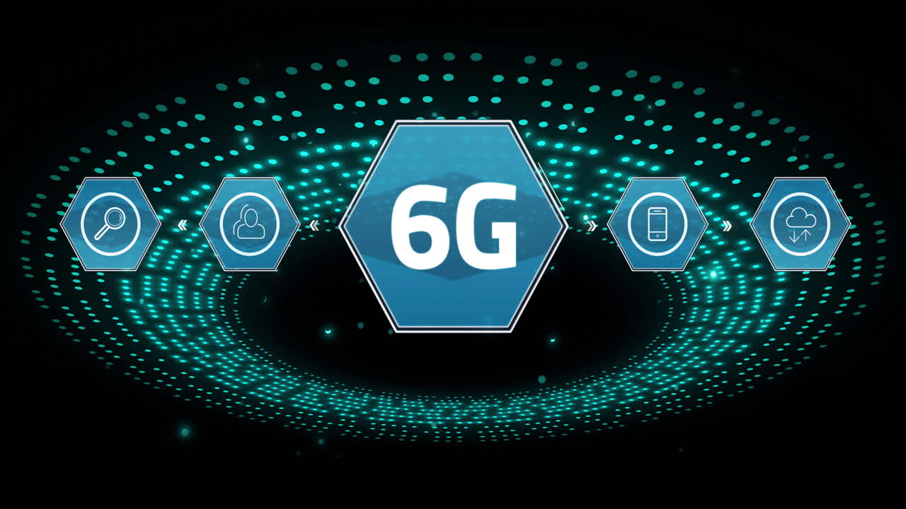 animación de 6g con iconos sobre puntos de luz en fondo negro