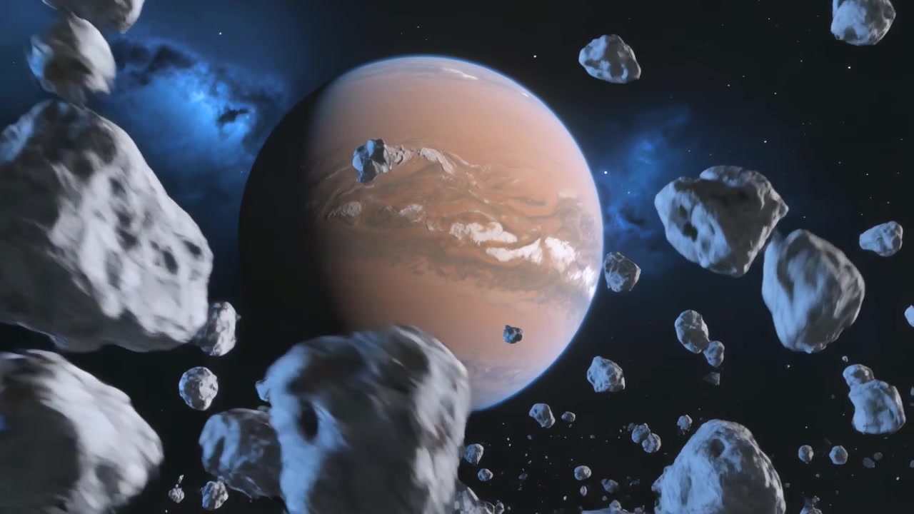 Telecamera che avvia una panoramica in avanti attraverso la fascia di asteroidi, rivelando un gigante gassoso arancione e una nebulosa blu