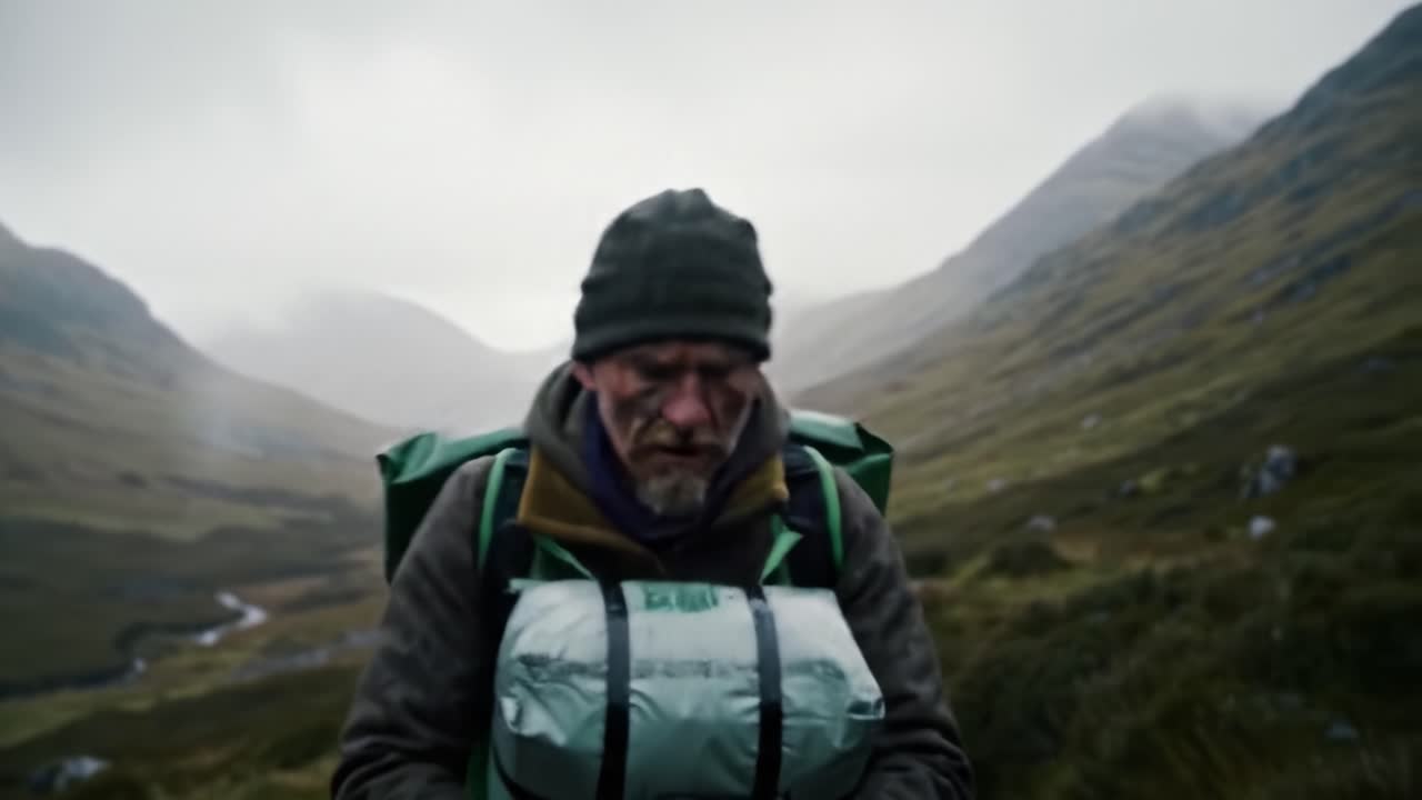 A man treks through a foggy mountain valley, clutching a backpack. The rugged terrain highlights the beauty of nature and the solitude of the journey during overcast weather.