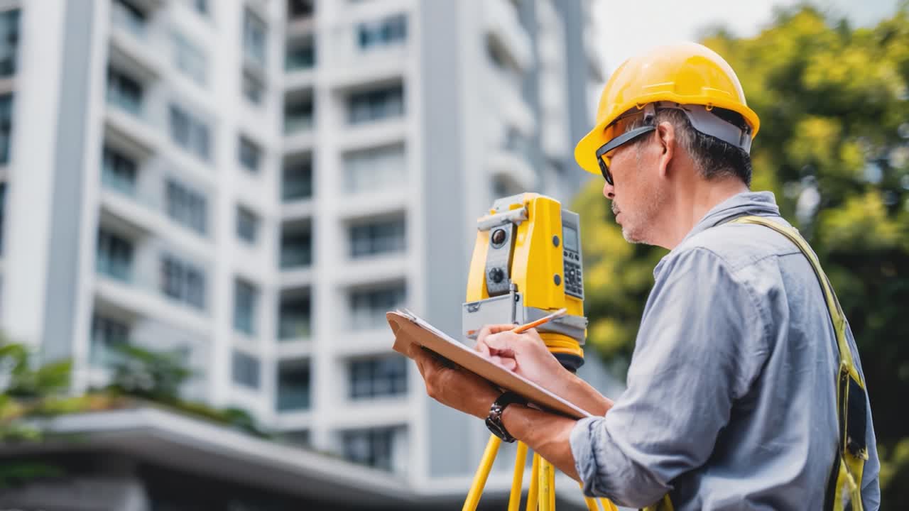 Surveying Professional Conducting Measurements with Total Station Equipment Near Urban Building Complex