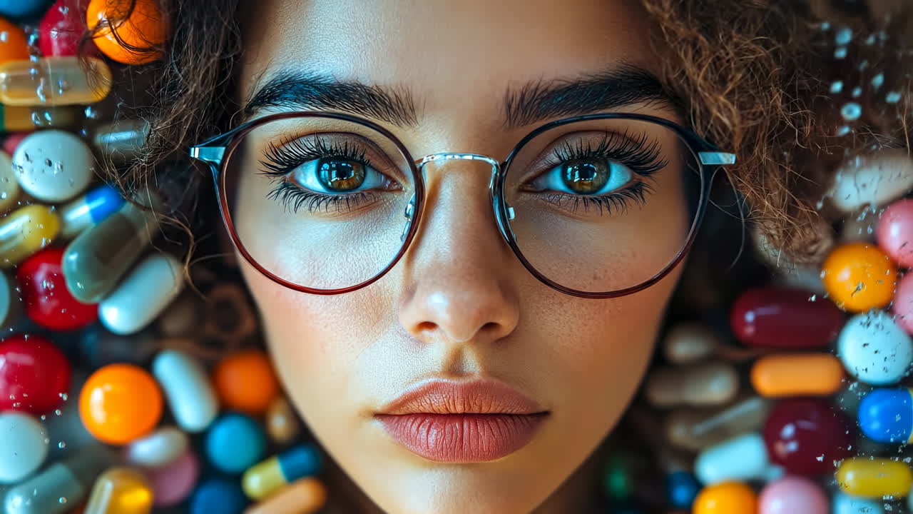 Close up portrait of woman surrounded by pills. Top view of a woman with glasses lying down among various colorful medicine capsules and water