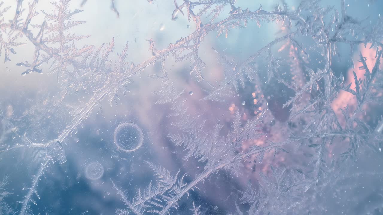 Pulsing pastel glow causing frost crystals shimmering on window pane and water droplets freezing