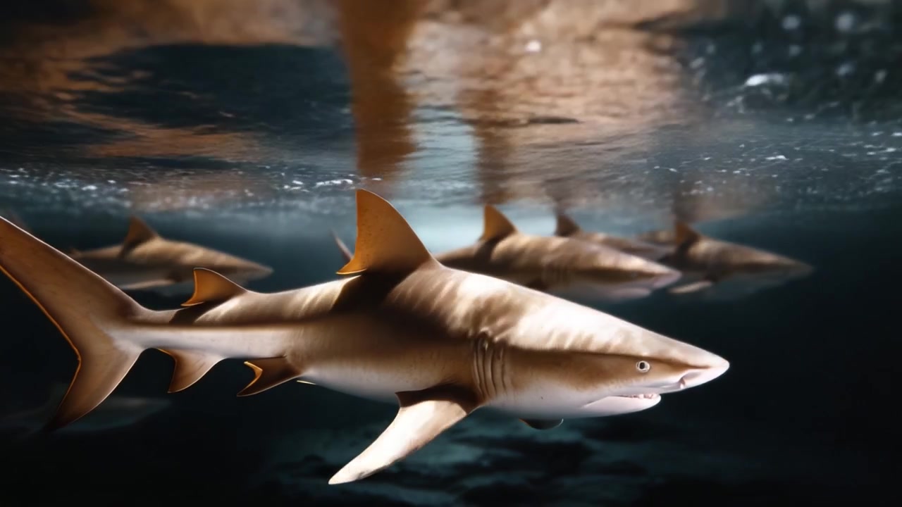Beneath the Waves: A Close Encounter with Sharks in Their Underwater Habitat Captured in Stunning Detail and Elegance, Showcasing Their Grace and Power.