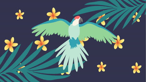 animación de un loro exótico con alas abiertas que se mueve sobre flores amarillas y hojas de palma en púrpura