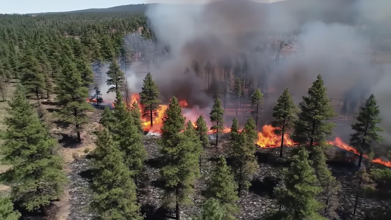 Vista aerea di un incendio boschivo: fiamme intense che consumano la vegetazione e generano fumo denso tra maestosi alberi di pino in un paesaggio naturale