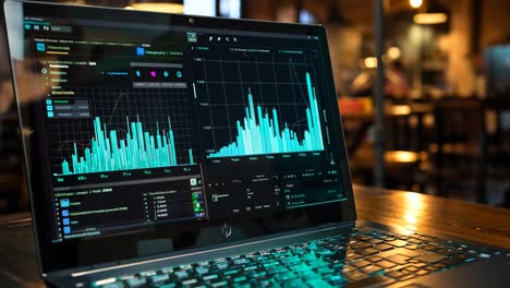 laptop with data visualization software in a modern caf setting
