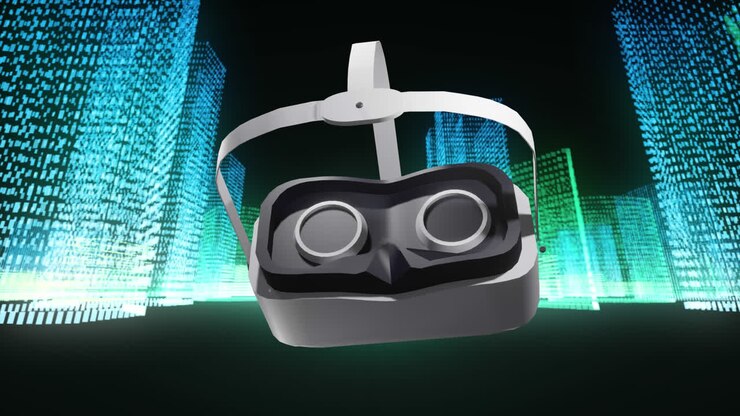 Animazione di un visore VR su luci al neon 3D che si muovono su sfondo nero.