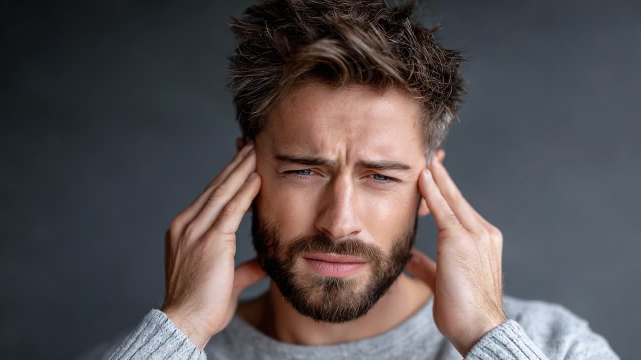 A male figure expressing discomfort or stress, showcasing an intense facial expression while holding his head, illustrating a moment of mental strain or anxiety