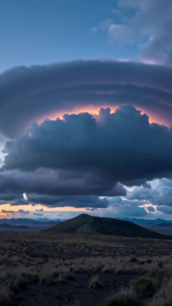 Video verticale: Luce del tramonto che illumina anelli di nuvole sovrapposti che brillano sulla pianura al crepuscolo, con una bassa collina.