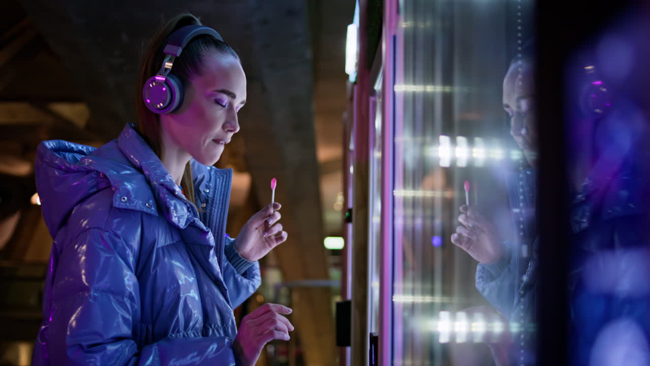 Garota observando máquina de venda automática e fazendo sua escolha, em close-up. Mulher comprando lanche no metrô.