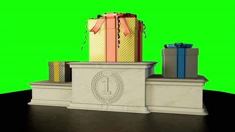 winners pedestal with present boxes on green screen, isolated