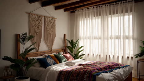 cozy bohemian bedroom with colorful bedding