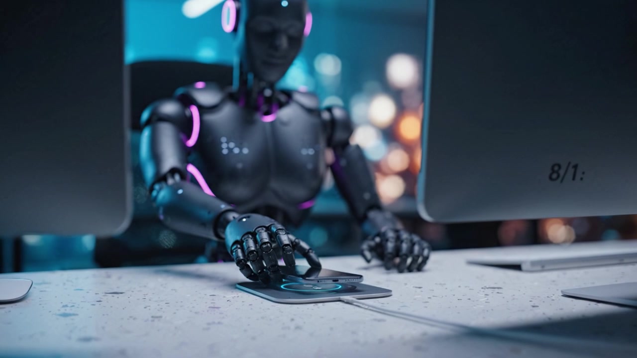 Robot cibernetico futuristico con dispositivo intelligente in un ambiente high-tech, progettato per una comunicazione digitale efficiente e un'interattività avanzata