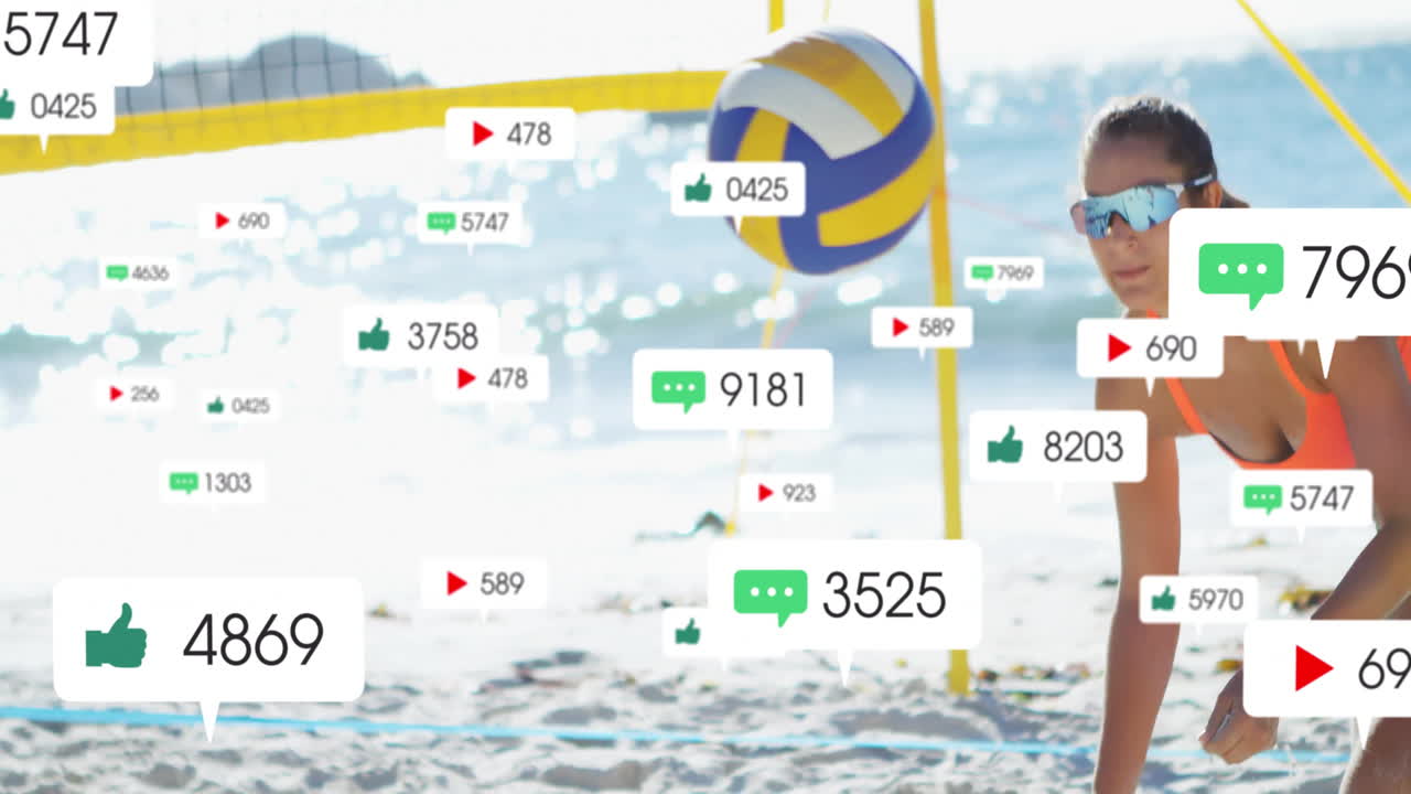 Playing volleyball on beach, animation of social media icons overlaying scene
