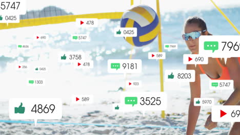 playing volleyball on beach, animation of social media icons overlaying scene