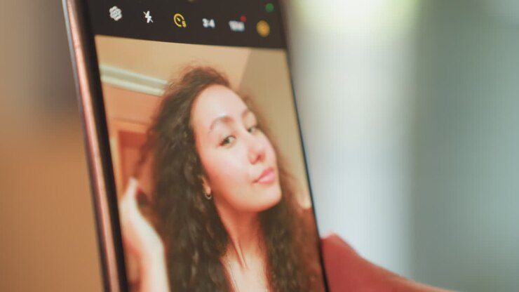 Selfie in camera d'hotel che mostra una giovane donna, con il riflesso dello schermo dello smartphone, i capelli ricci, mentre si sistema i capelli con un sorriso gentile. Illuminazione calda e soffusa, sfondo interno accogliente, un primo piano autentico che cattura un'influencer.