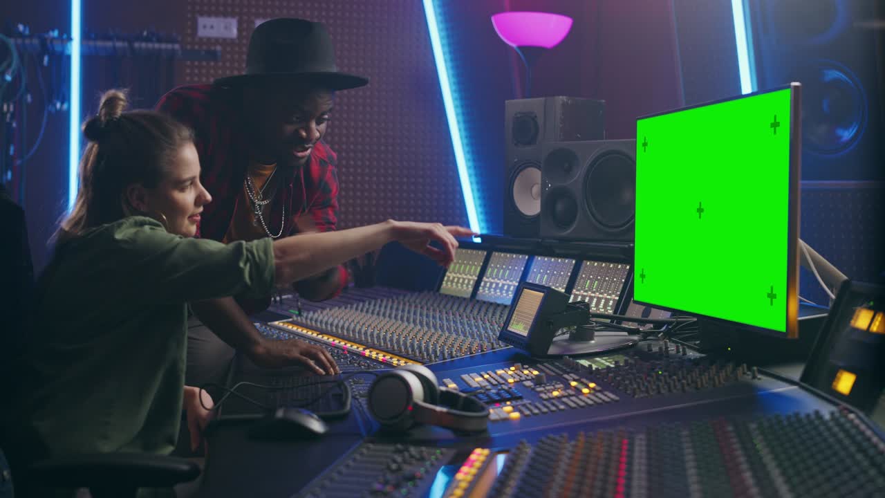 Producer and Audio Engineer Working together in Music Record Studio on a New Album, Use Green Screen Computer, Control Desk for Mixing and Creating Hit Song. Artist and Musician Collaboration