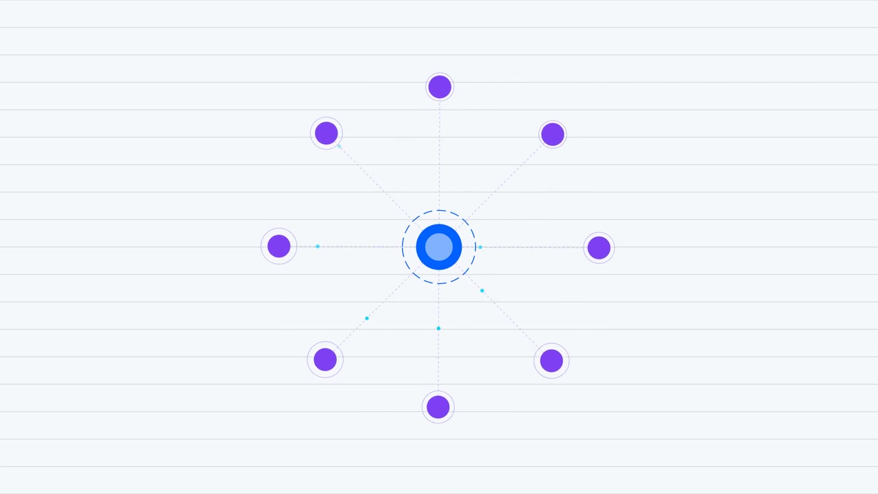 Diagramma animato di nodi di rete con hub centrale pulsante