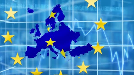 gelbe sterne drehen sich über die datenverarbeitung auf der eu-karte