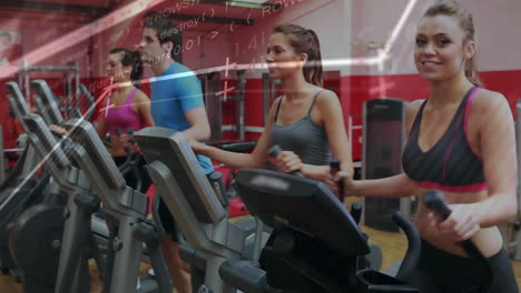 In school gym, people running on treadmills with animation of math equations