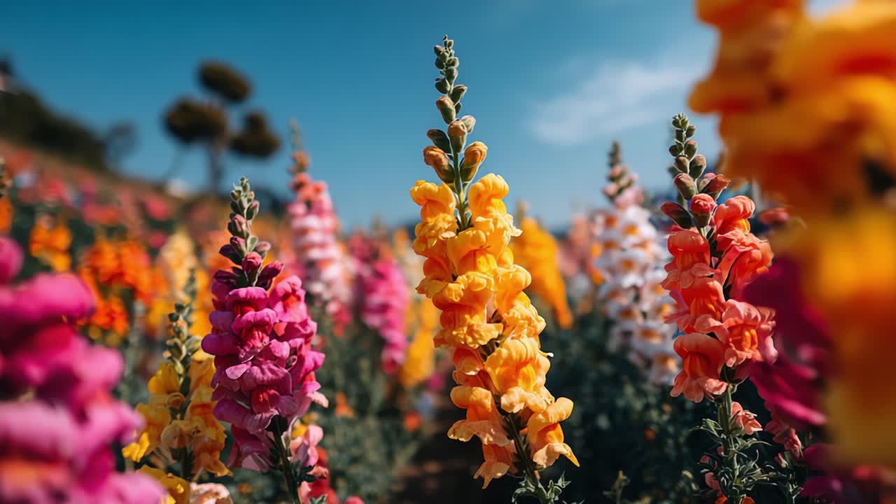 Una vivace esposizione di colorati fiori di bocca di leone sotto un cielo azzurro e limpido, che mostra i loro petali in vivaci sfumature di rosa, arancione, giallo e bianco tra una vegetazione lussureggiante.
