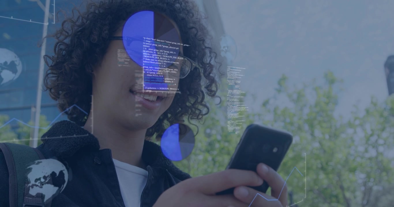 Man tapping smartphone on city sidewalk, viewing analytics while charts expanding over face