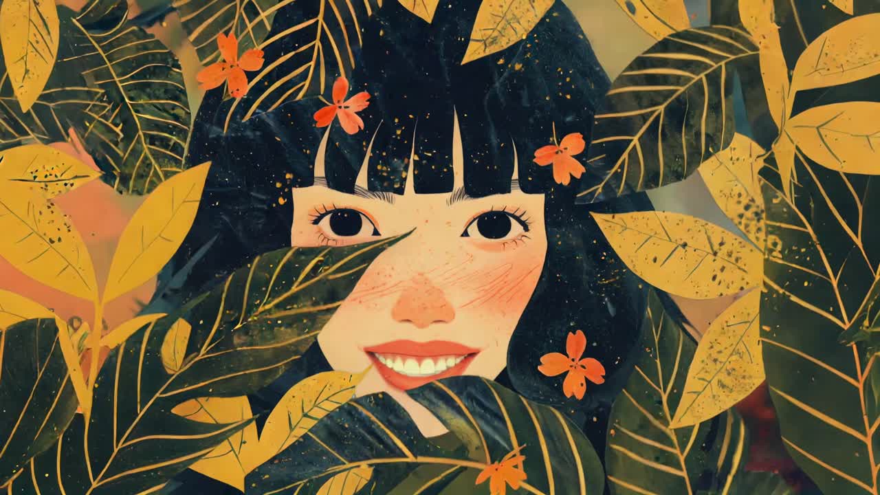 A vibrant, artistic video still of a smiling woman with autumn leaves in her hair