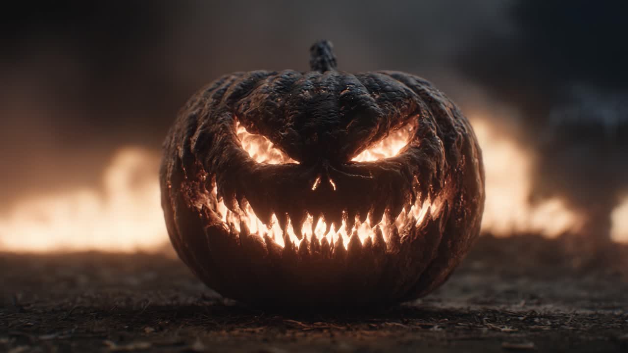Hehkuva, pahaenteinen kurpitsa terävillä hampailla valaisee pimeän ympäristön, vilkkuvien liekkien ympäröimänä, vangiten täydellisesti Halloween-kauhun olemuksen.