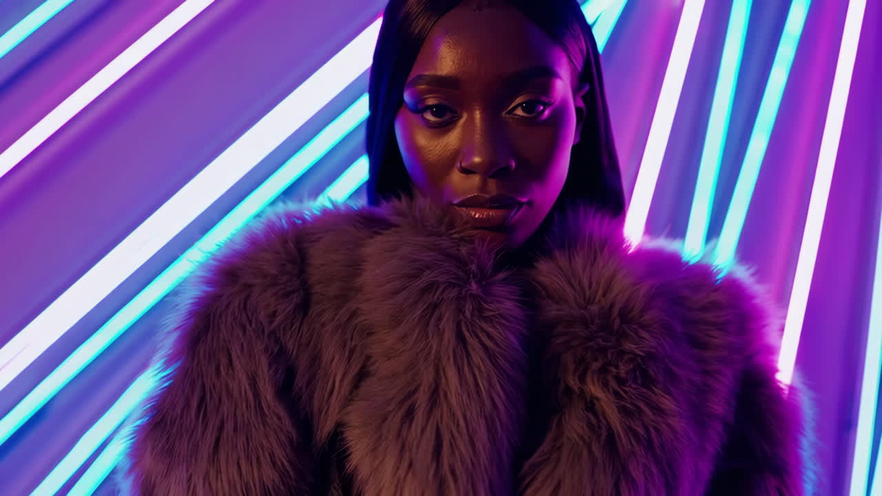 Glamourøs kvinde i pelsfrakke med levende neonbelysning