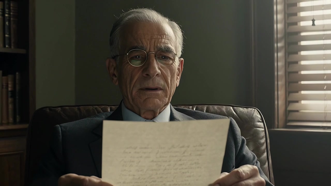 Lifting handwritten sheet, senior man in suit and round glasses scanning lines in armchair, smiling