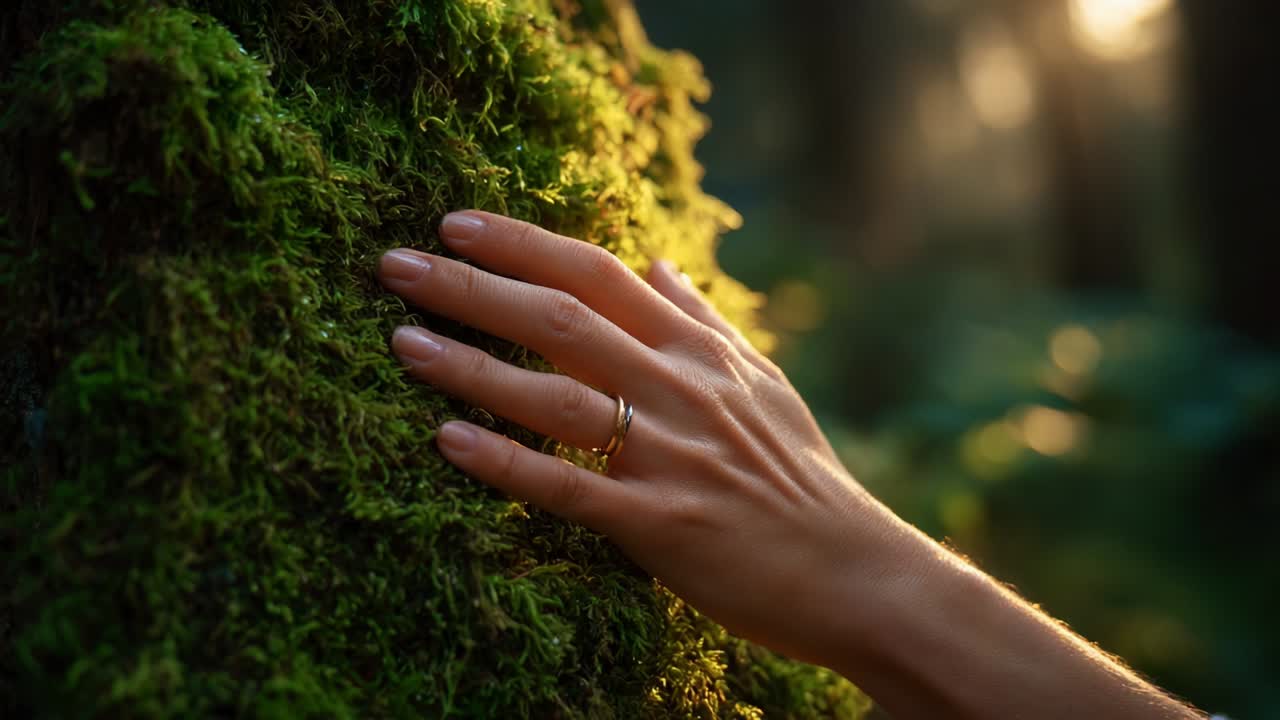 A close-up view of a hand gently touching lush green moss on a tree, highlighting the texture and natural beauty of the forest environment, with soft sunlight filtering through the trees in the background