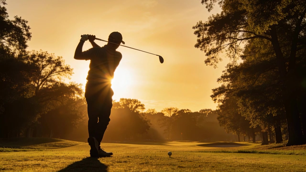 Golfer in polo swinging club from top of backswing on tee, driving ball toward fairway