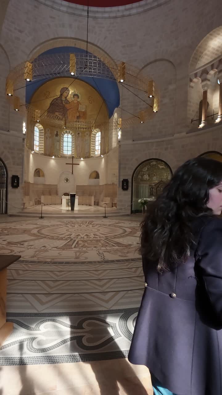 Young Tourist Filming Inside Dormition Abbey, Jerusalem. Slow motion.