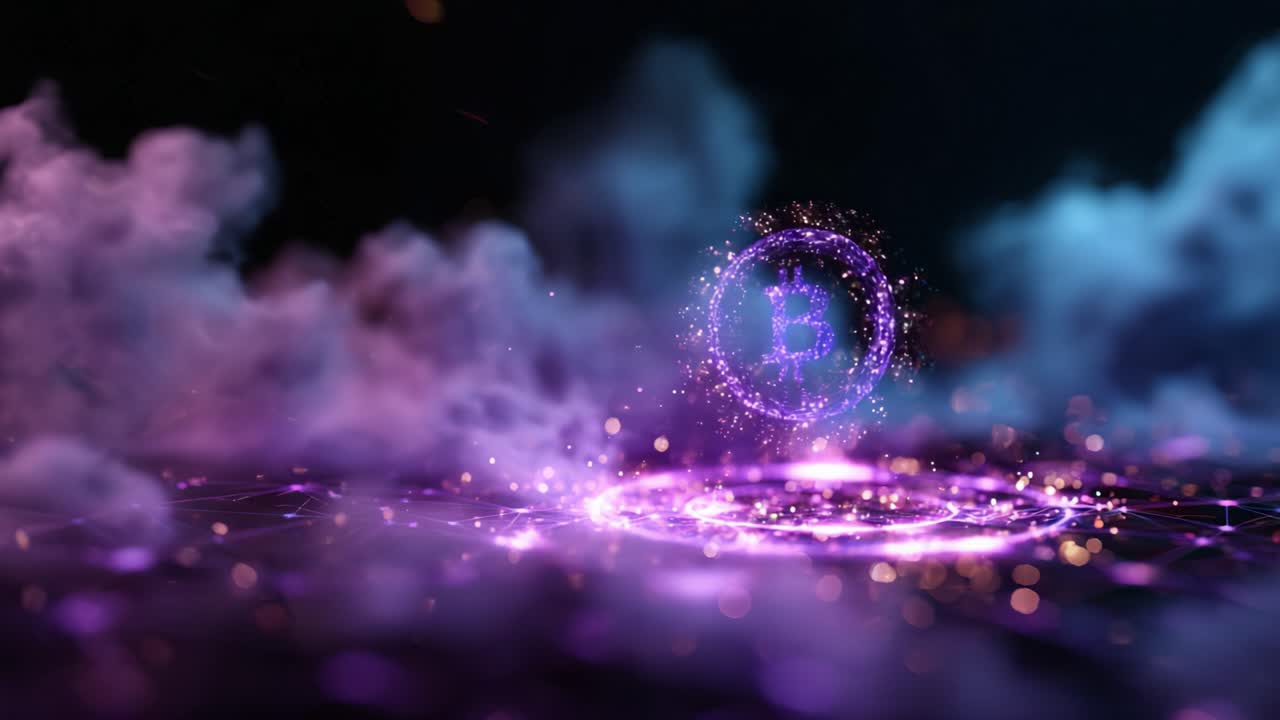 Светящийся символ Bitcoin, появляющийся из мистического фиолетового облака на фоне, представляющий криптовалюту и цифровые финансы в футуристической обстановке