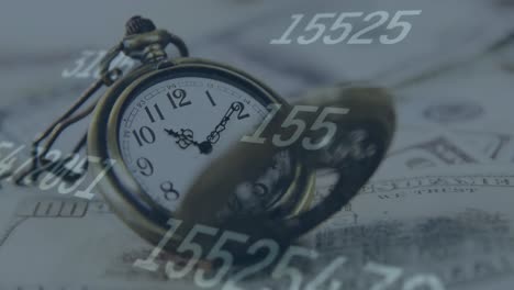 digital animation of multiple changing numbers against pocket watch on american dollar bills